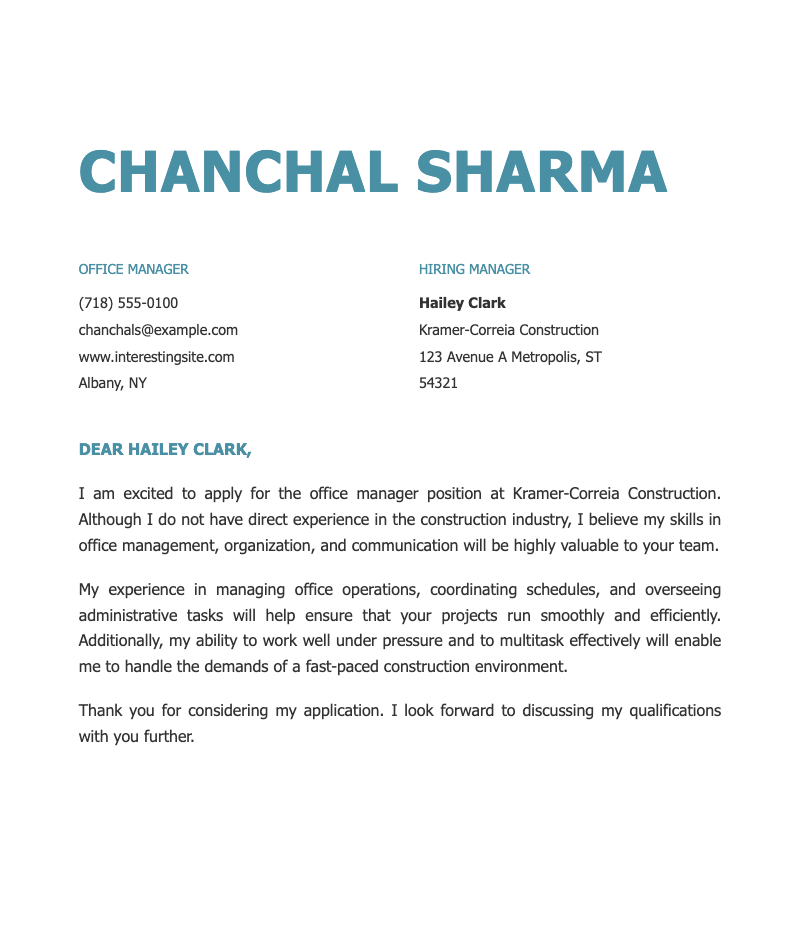 Simple bold cover letter - Professional job application template with bold header and clean layout, perfect for office manager roles and corporate positions